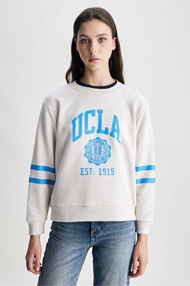 ROISIN Beige Crew Neck Printed Loose Fit Women's Sweatshirt