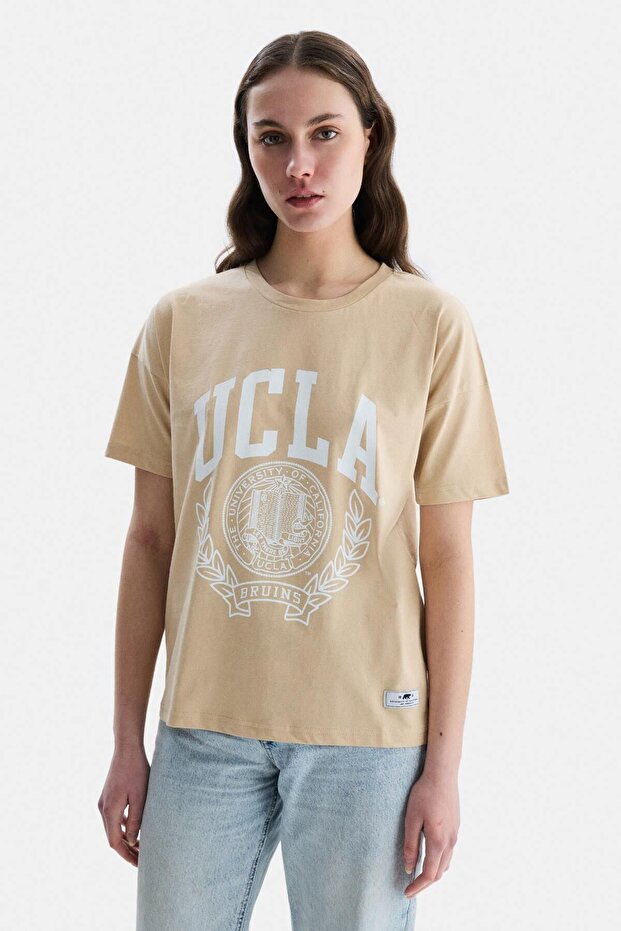 AVALON Kahve Bisiklet Yaka Baskılı Oversize Kadın Tshirt - 1