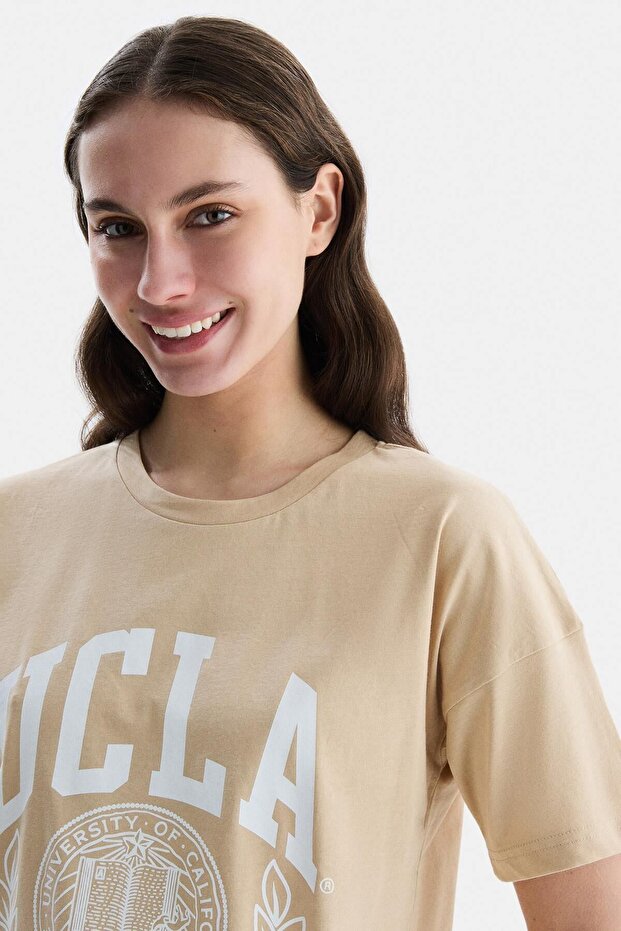 AVALON Kahve Bisiklet Yaka Baskılı Oversize Kadın Tshirt - 2