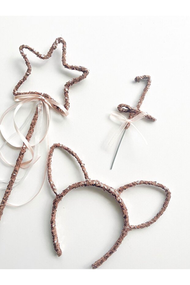 Sequin Girl's Cat Ear Crown, Star Wand, and 1st Birthday Cake Topper Birthday Decoration Set