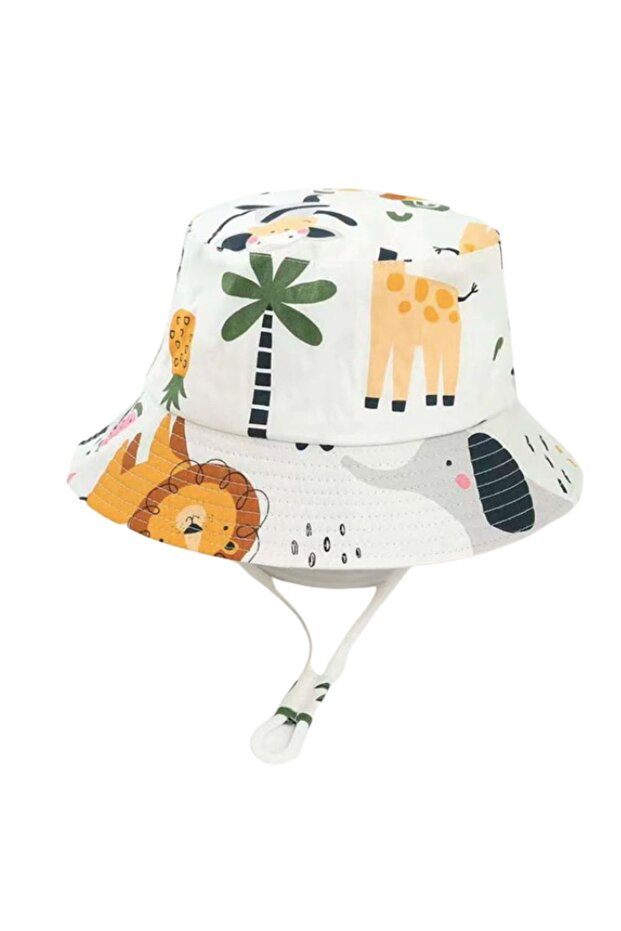 Sun Protection Hat – White Safari Animals Lion Elephant Giraffe 52 Cm 2-5 Years Old