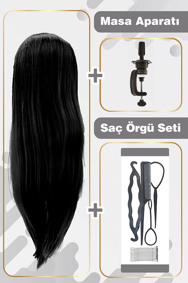Kuaför Eğitim Mankeni Çalışma Kafası Fiber Sentetik Siyah 65 cm - 4