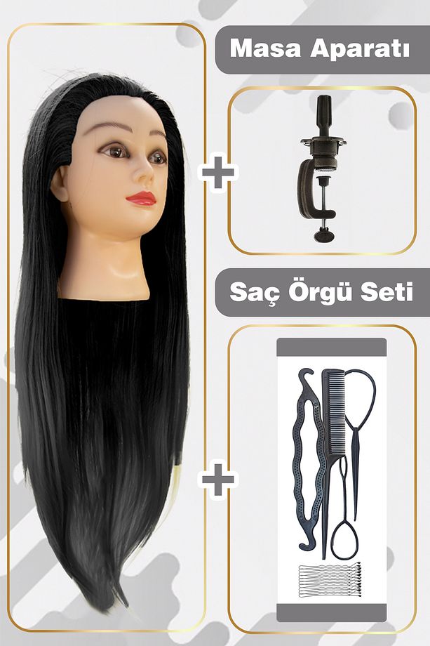 Kuaför Eğitim Mankeni Çalışma Kafası Fiber Sentetik Siyah 65 cm - 3