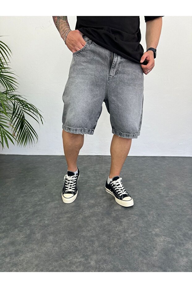 Men's Gray Premium Baggy Fit Jeans Capri Grinding Denim Shorts