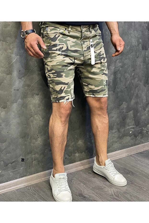 Men's Green Camouflage Lycra Model Slim Fit Denim Capri Shorts