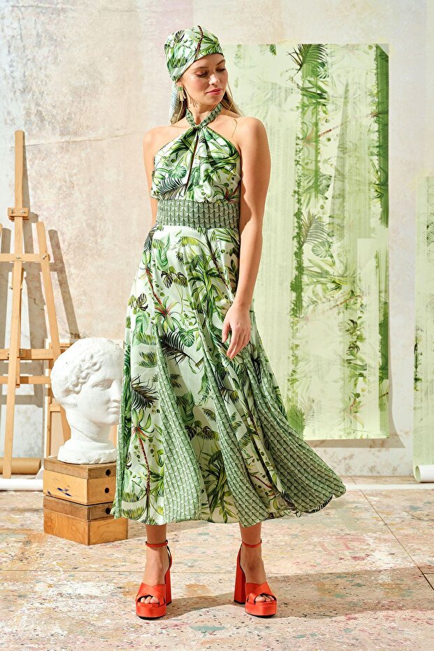 Palmiyeli Elbise Yeşil - 1