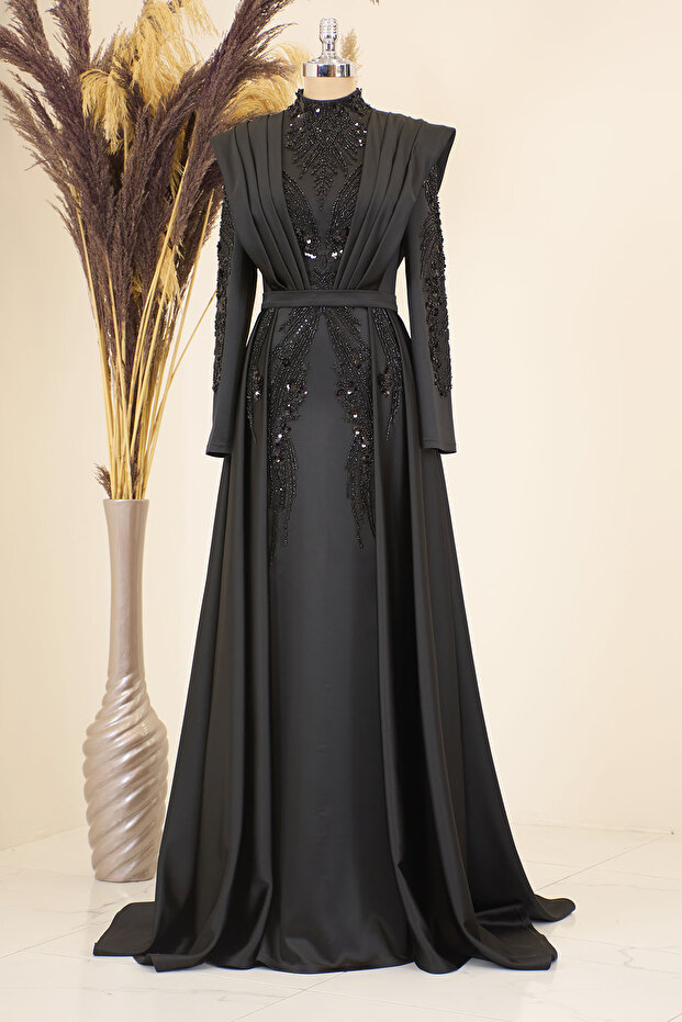 Draped Front Sweep Train Bead Embroidered Miranda Evening Dress