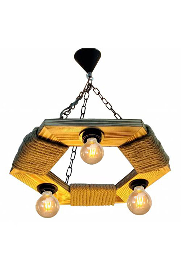 Altıgen 3 Lambalı Halatlı Ahşap Avize - 1