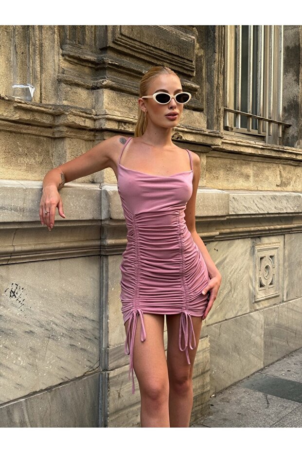 cowl neckline, front Ruched, strappy mini dress