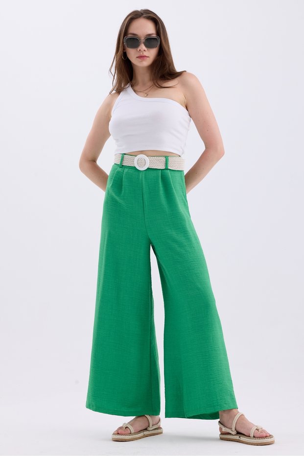 Women's Belted Waist Elastic Wide Leg Linen Blended Loose Summer Trousers
