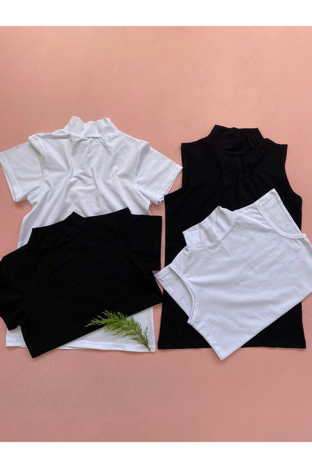 Women's 4-Pack Cotton White and Black (2 Short Sleeves - 2 New Sleeves) Turtleneck Bodysuit