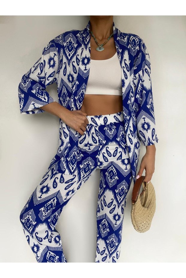 Women's Blue Fashionable Patterned Summer Kimono Set