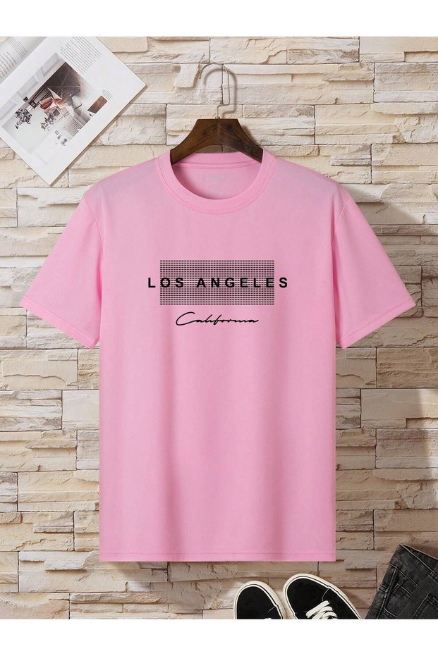 Unisex Los Angeles T-Shirt - Sax Blue Black White Pink Printed Oversized Crew Neck Summer T-Shirt