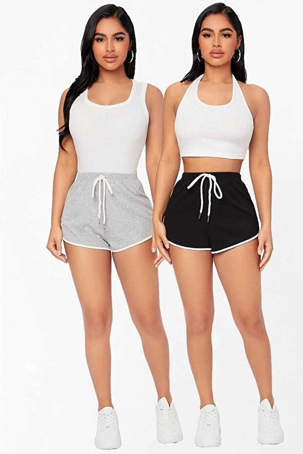 Gray - Black 2-Piece Set Combed Cotton Slit Drawstring Mini Shorts DAXİS Sportwear Company