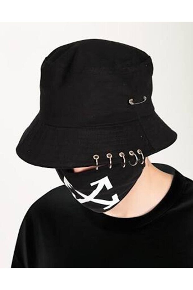 Mood Unisex Black K-pop Bucket Hat with Piercing and Safety Pin Model