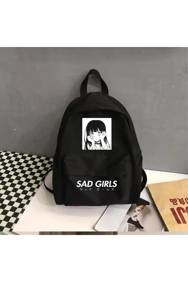 Anime Sad Girls Black School Bag with Water Bottle Compartment