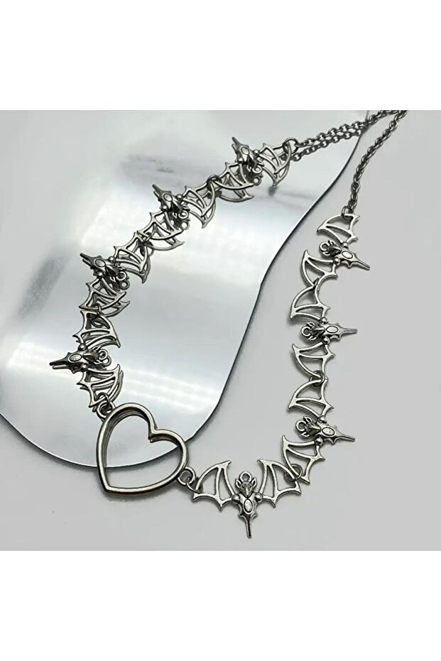 Bat Wing Collage Heart Gray Chain Steel Necklace
