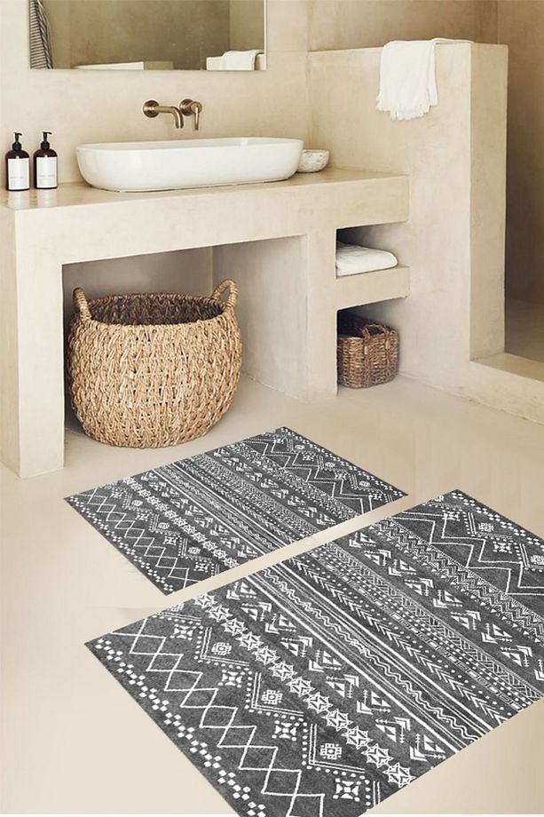 İskandinav Desen Paspas, Gri Renk Banyo Paspası, Kaymaz Taban Paspas, 2'li Klozet Takımı - 3