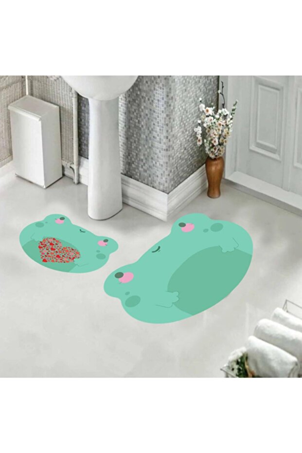 Green Background Frog Patterned Mat Set Toilet Seat 80x60 cm and 50x60 cm
