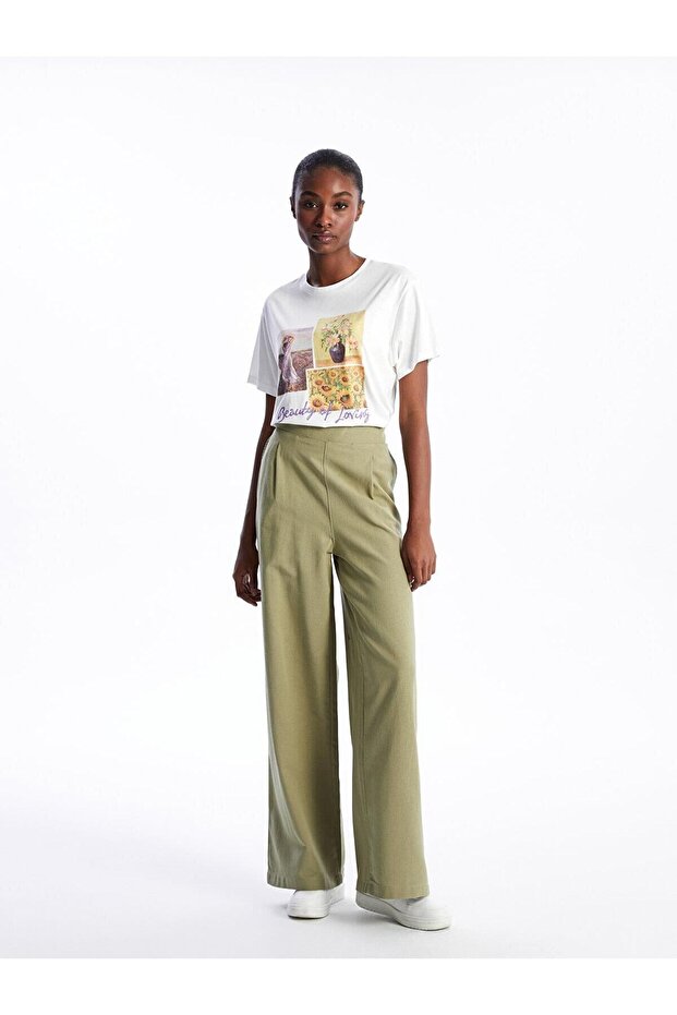 LCW Vision Women's Pants with Elastic Waist, Straight Linen Blend