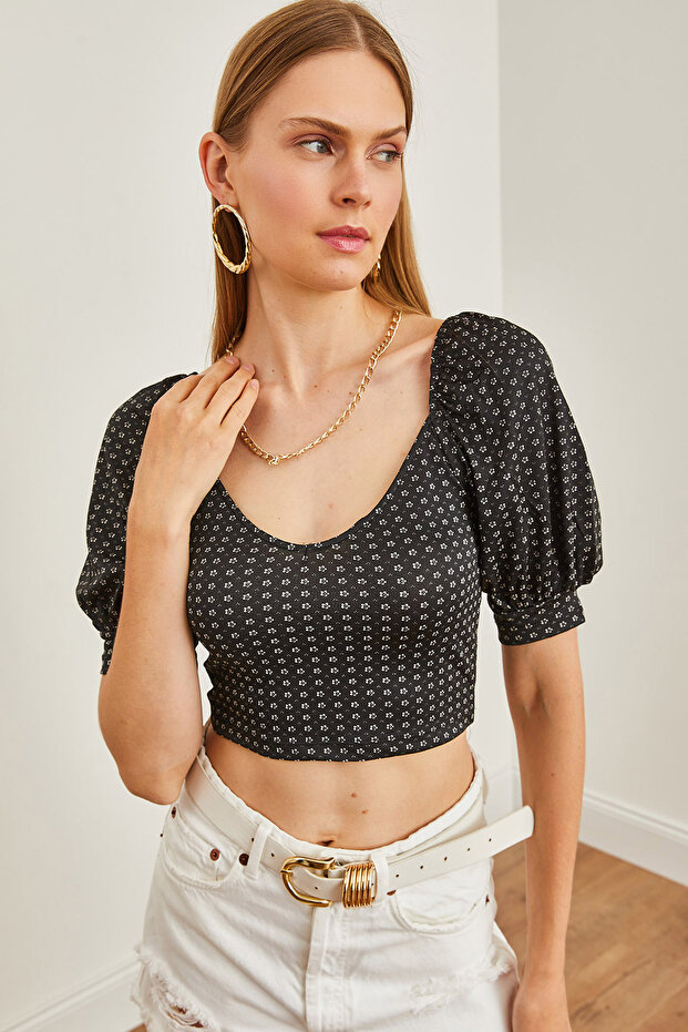 Black Watermelon Sleeve Crop Women's Blouse - BLZ-19002691