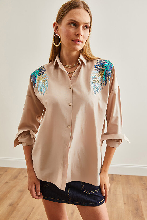 Bézs szőtt ing – levél flitter részlet, női, GML-19001226 - 7