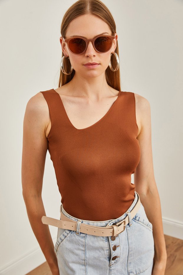 Women's Brown Asymmetrical Neck Crop Knitwear Blouse Blz- 19002643