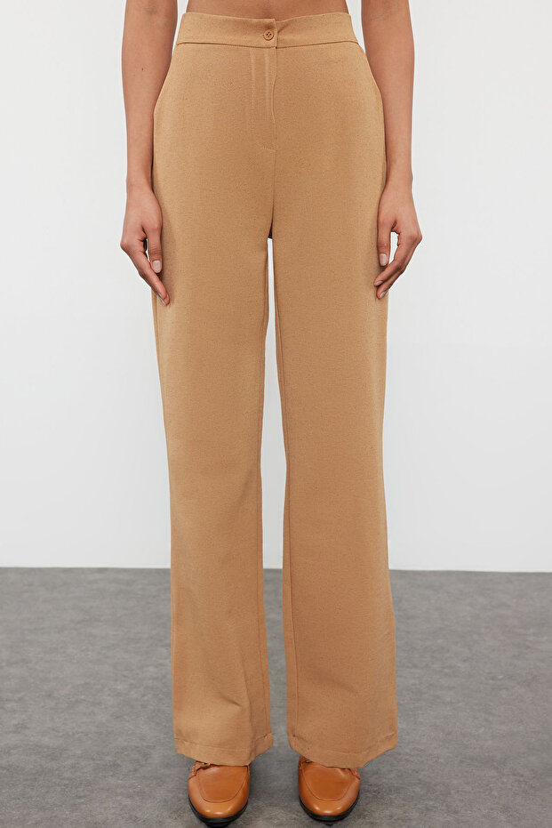 Kahverengi Keten Görünümlü Straight/Düz Kesim Dokuma Pantolon TWOSS24PL00163 - 3