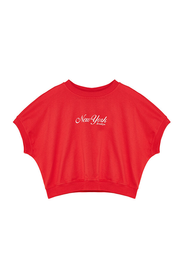 Kırmızı %100 Kalın Pamuklu Slogan Baskılı Crop Örme T-Shirt TWOSS24TS00013 - 6