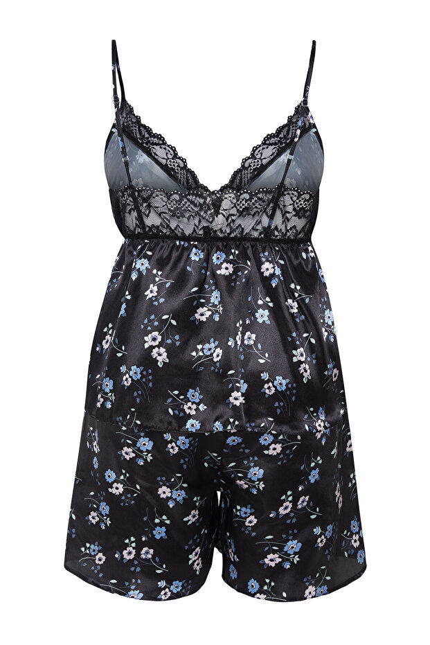 Siyah Çiçek Desenli Dantelli Saten Dokuma Pijama Takımı TBBSS24AI00107 - 7