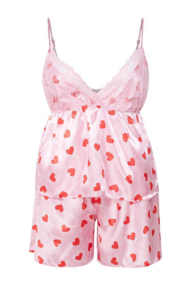 Pembe Kalp Desenli Dantelli Saten Dokuma Pijama Takımı TBBSS24AI00112 - 6