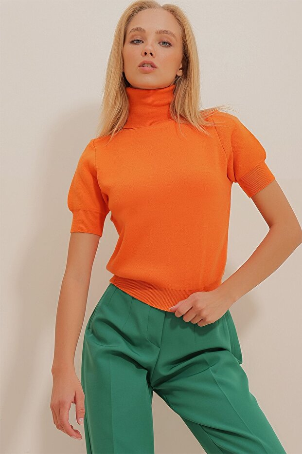 Women's Orange Turtleneck Short Sleeve Basic Knitwear Sweater ALC-X10997