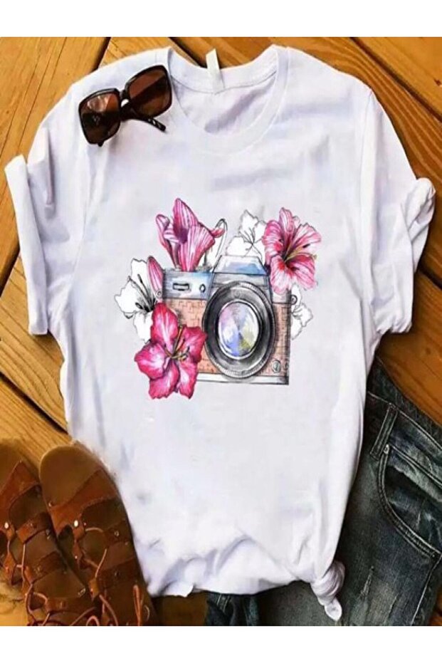 Single Jersey T-Shirt - White Printed Camera Oversize Crew Neck Short Sleeve T-Shirt