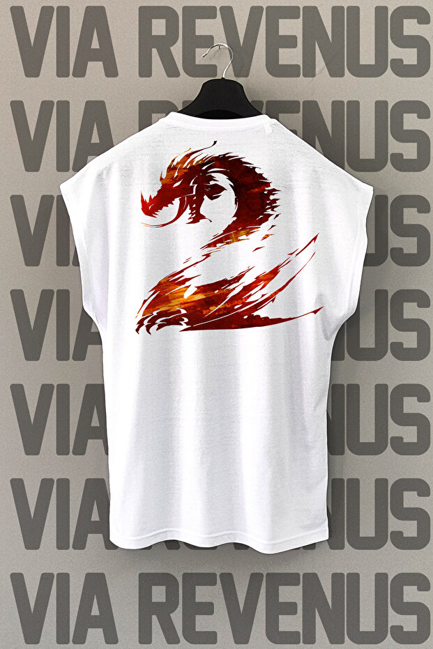 White Sleeveless Sports T-Shirt with Dragon Back Print