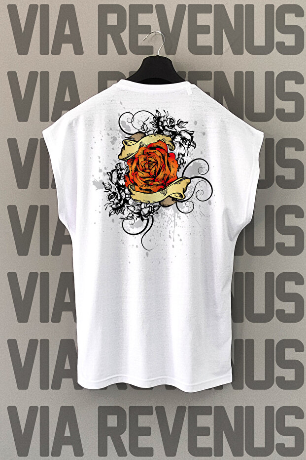 Rose Sleeveless White Sports T-Shirt with Printed Print