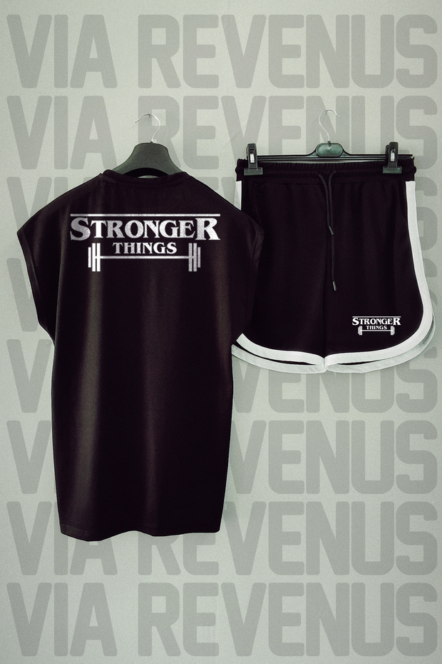 Stronger Things Back Printed Zero Sleeve Crew Neck Black Sports Tshirt and Black Sports Shorts Set
