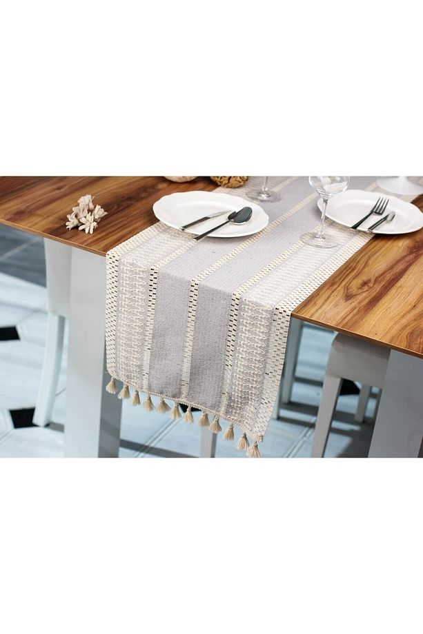 Örme Masa Örtüsü Püsküllü Runner Masa Örtüsü Organik Pamuk Runner 35x155 Cm Masa Üstü Runner - 3