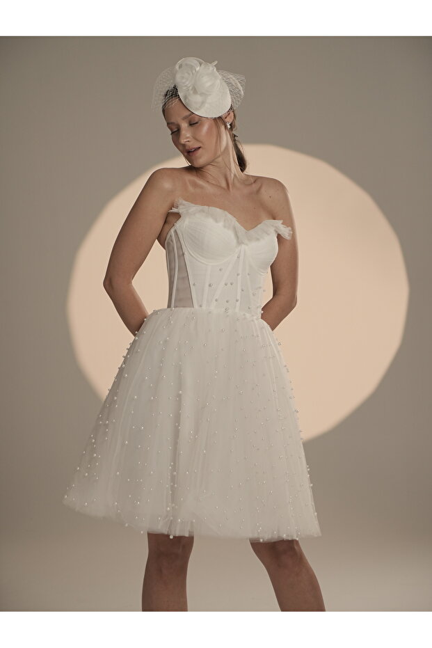 İNCİ DETAYLI STRAPLEZ AFTER PARTİ ELBİSESİ - 1