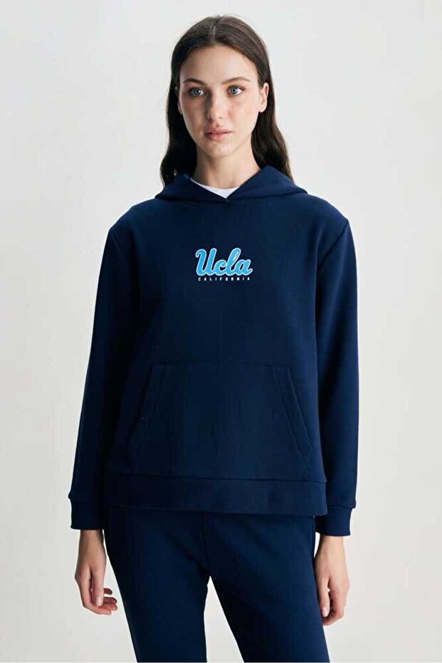 Azealıa Navy Blue Hooded Printed Standard Women's Sweatshirt