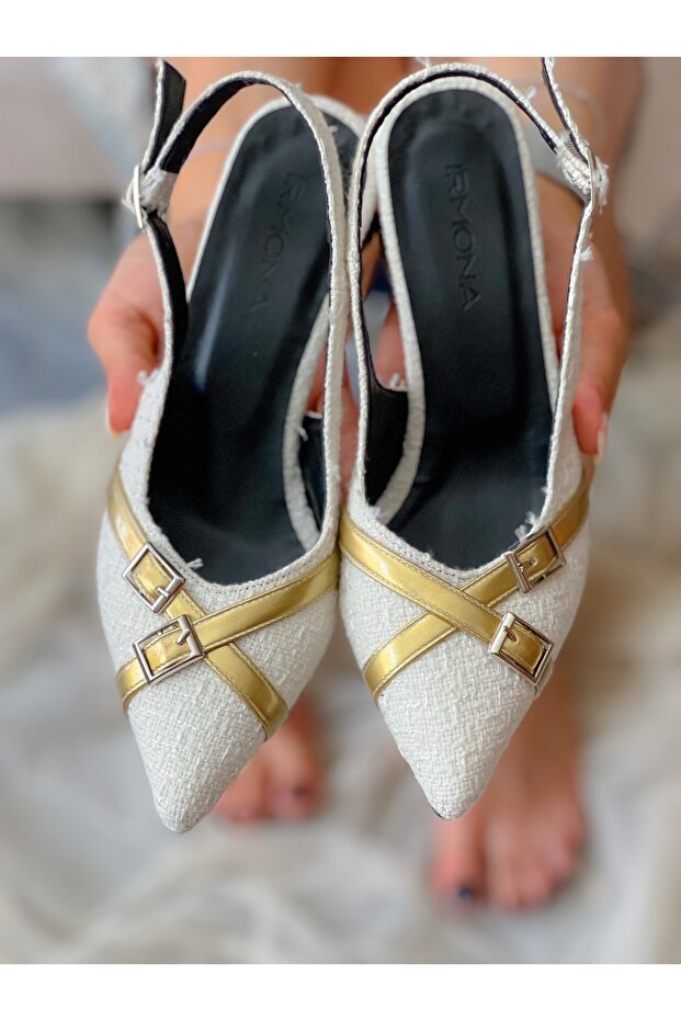 WHITE TWEETED FABRIC POINTED TOE TOE HEEL Sandals