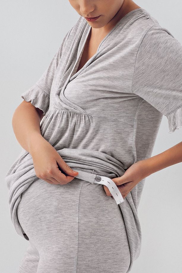 Kısa Kollu Esnek Likralı Viskoz Hamile Pijama Takımı - 3