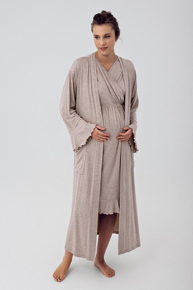 Short Sleeve Stretchy Lycra Viscous Maternity Dressing Gown Nightgown Set