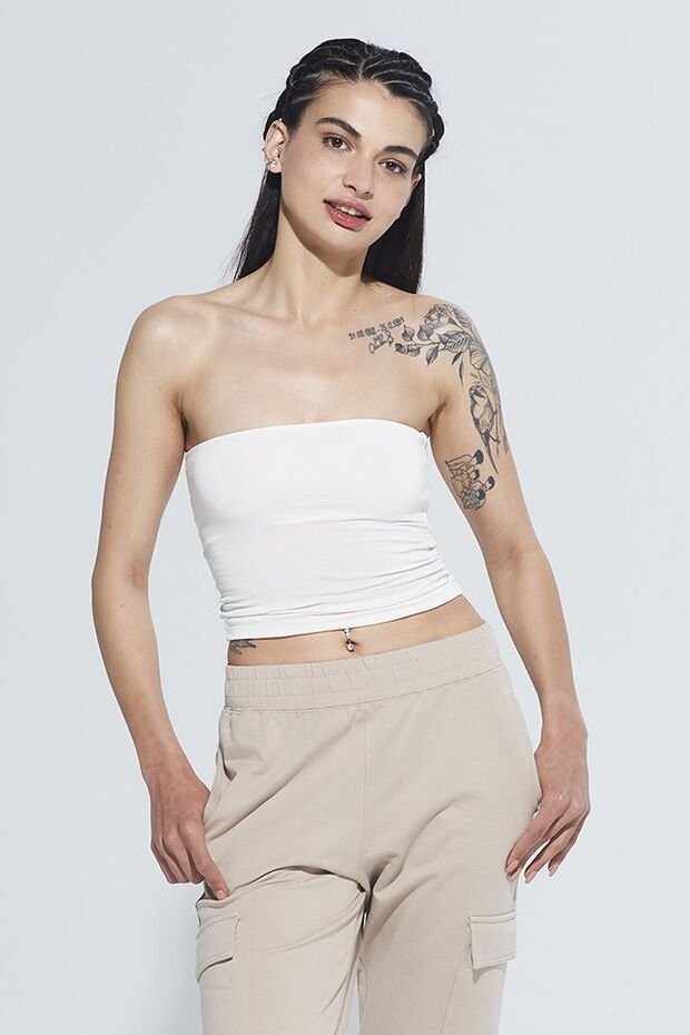 Pixie Krem Straplez Model Organik Pamuk Örme Body - 6