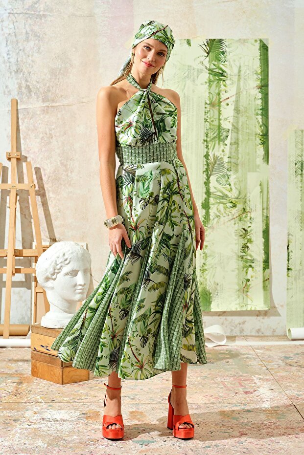 Palmiyeli Elbise Yeşil - 3
