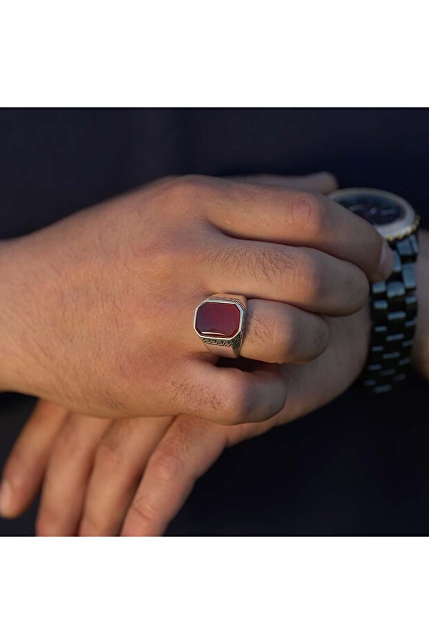 Engraved frame  Agate stone  925 Silver Ring - 1