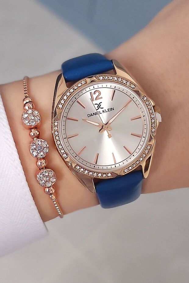 Rose Gold Case Blue Leather Strap Women's Wristwatch, Zircon Stone Bracelet