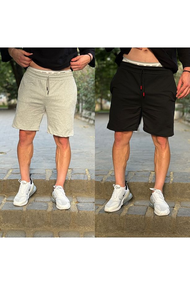Erkek Gri Siyah 2li Spor Şort Düz Basıc SlımFit kalıp - 2