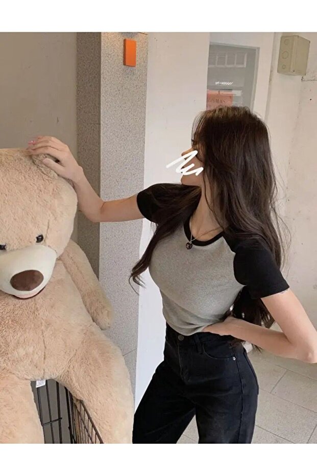 Gri Siyah Basic Kısa Kollu Body - 3