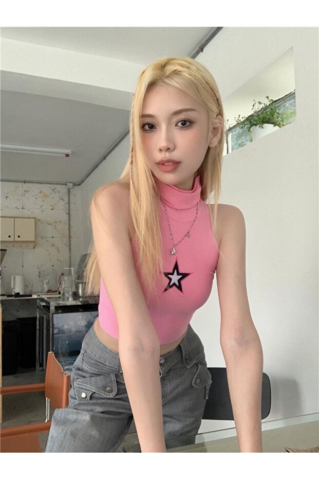 الياقة المدورة نمط نجمة الوردي المحاصيل - 2