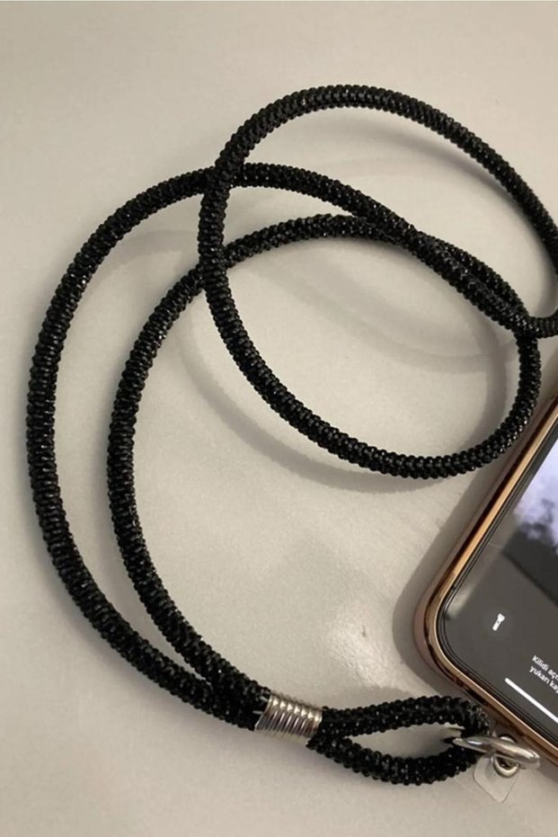 Black Rope Phone Neck Strap with Swarovski Stone